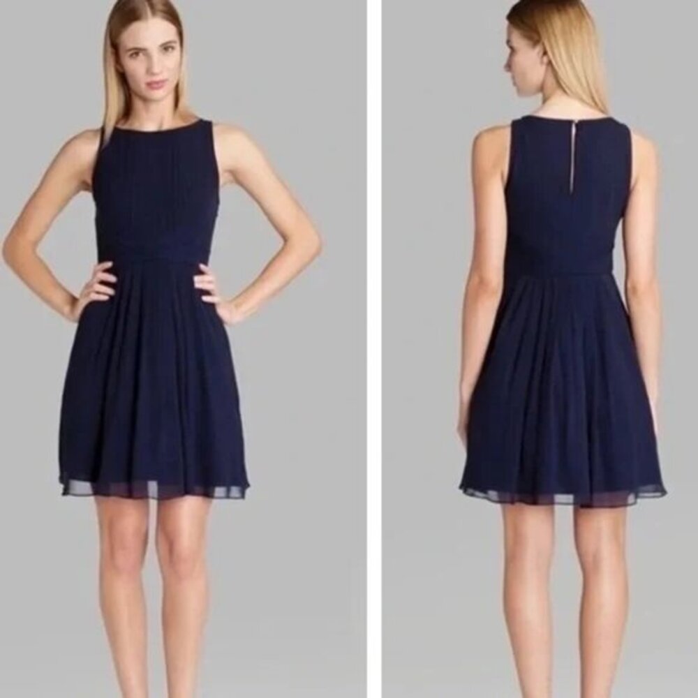 Ted Baker London Saphira Dress Size 3 or US 8 Navy Silk Pleated Lined Sleeveless